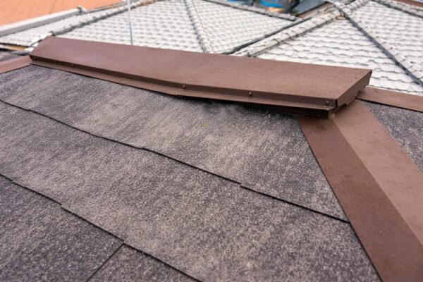 棟板金の浮き・歪みが目視できる